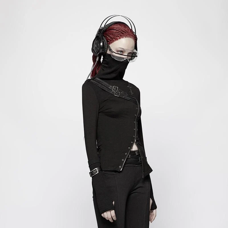 Damen Punk Turtleneck Side Zip Langarm T-Shirt mit Trägern