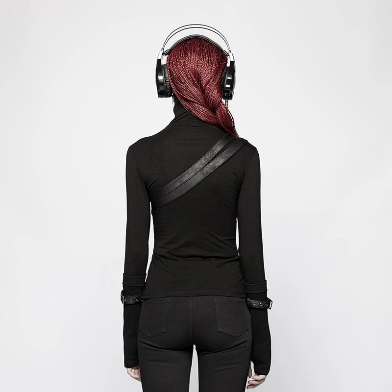 Damen Punk Turtleneck Side Zip Langarm T-Shirt mit Trägern