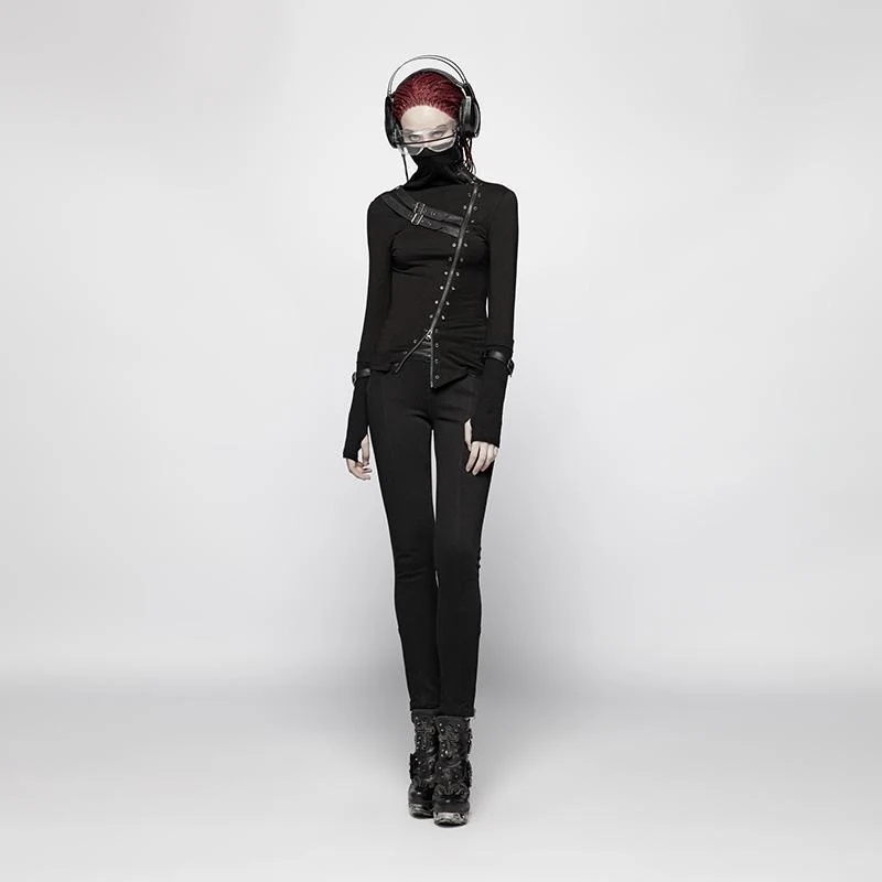 Damen Punk Turtleneck Side Zip Langarm T-Shirt mit Trägern