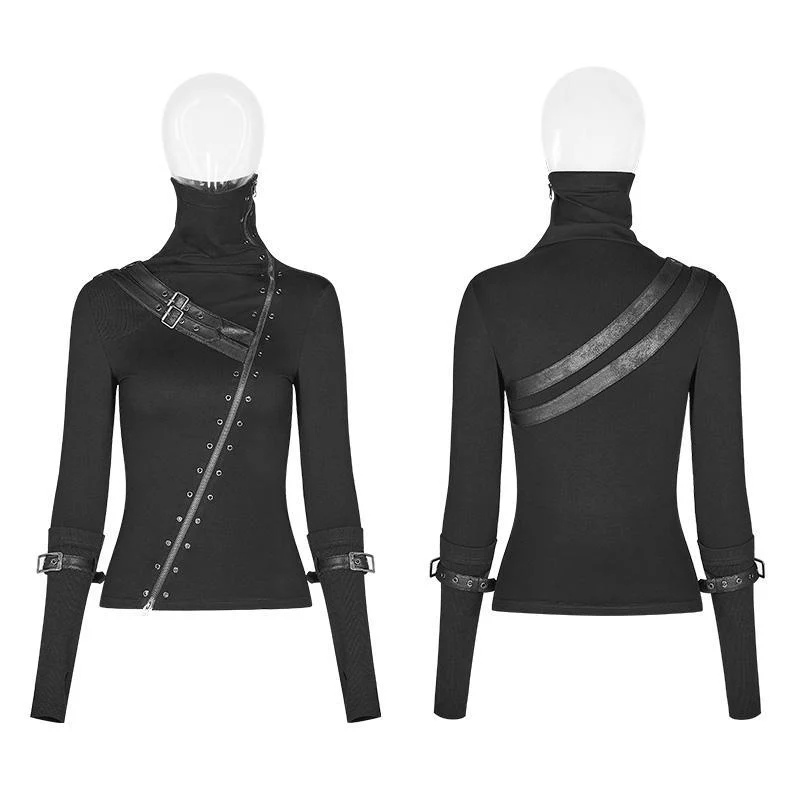 Damen Punk Turtleneck Side Zip Langarm T-Shirt mit Trägern