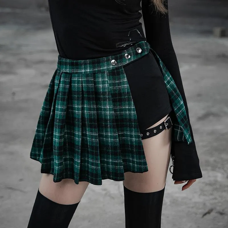 Frauen Punk zweiteilige unregelmäßige A-Line Plaid Faltenröcke