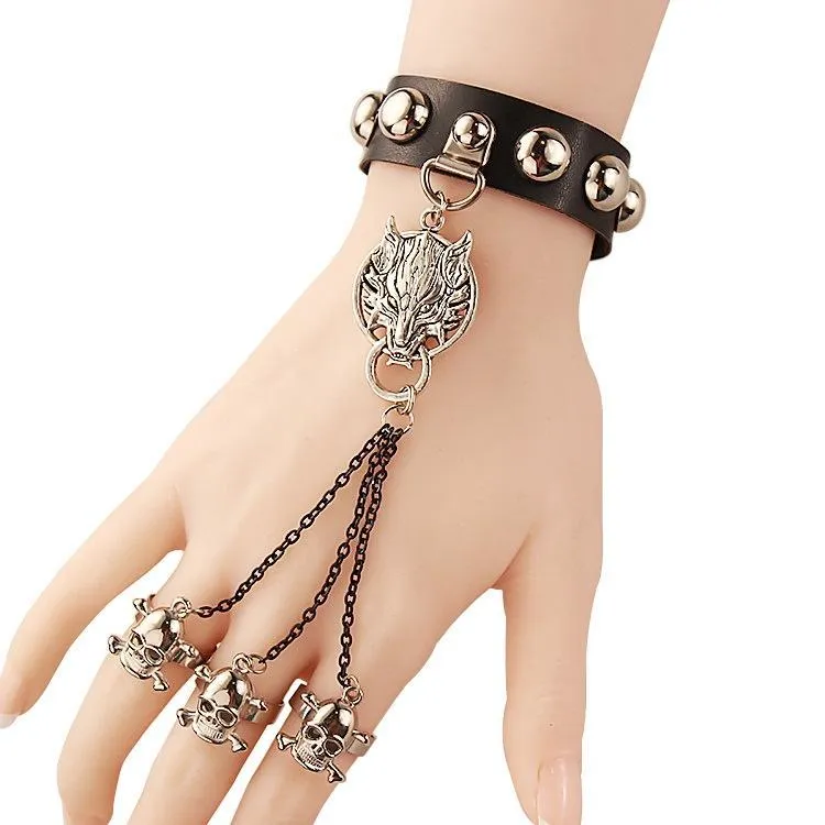 Frauen-Punk schwarz Kunstleder Armband mit drei Schädel-Ring für unsere Ins Verfolger
