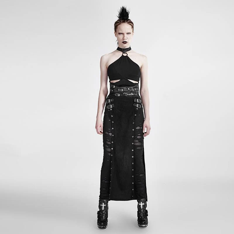 Punk-Maxirock für Damen mit Schnallenverschluss und Seitenschlitz