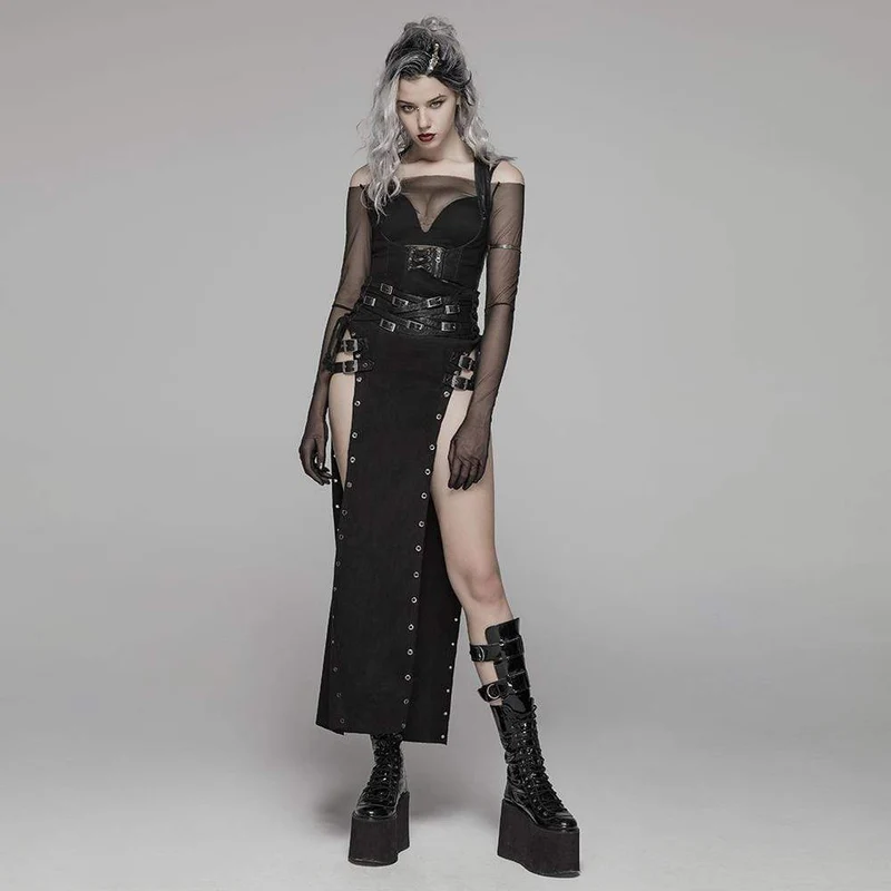 Punk-Maxirock für Damen mit Schnallenverschluss und Seitenschlitz