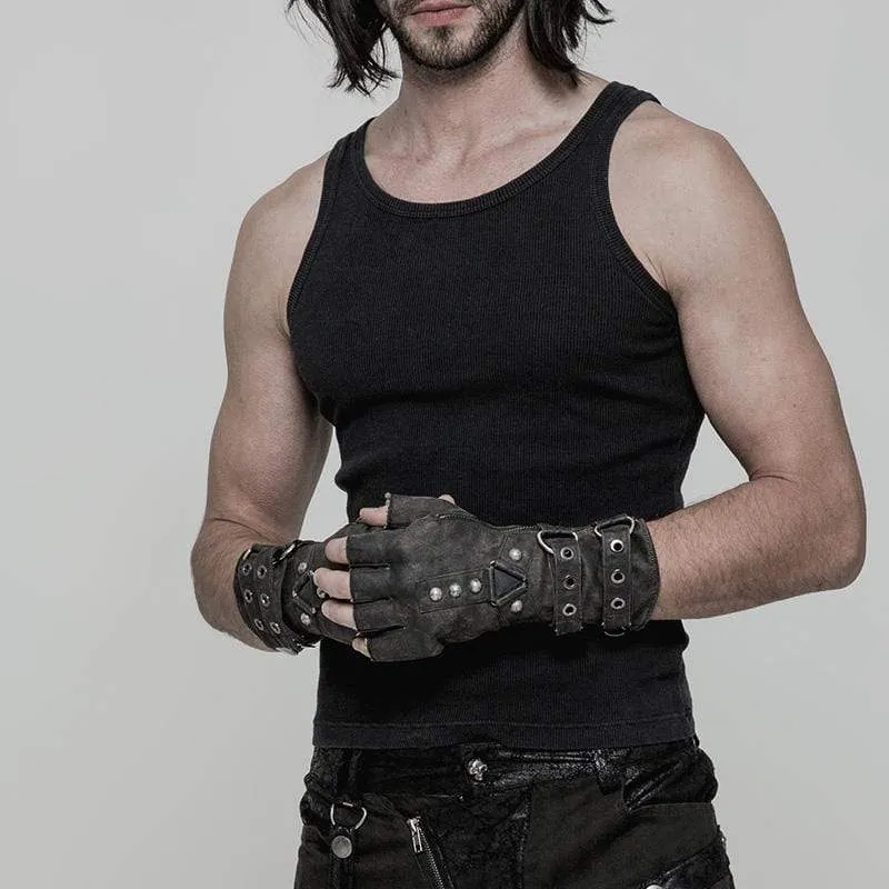 Herren Steampunk Gürtelschnalle Niet Handschuhe grau