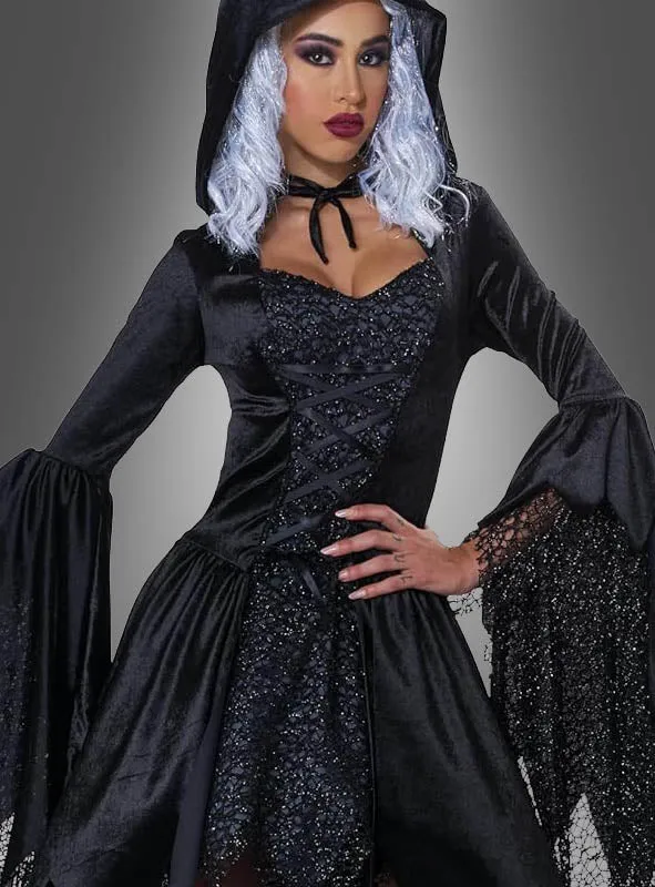 Schwarze Glamour Hexe Kleid mit Kapuze