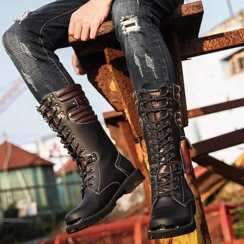 Herren Punk Pocket Schnürstiefel Kunstleder Army Boots Reitstiefel Moto Boots