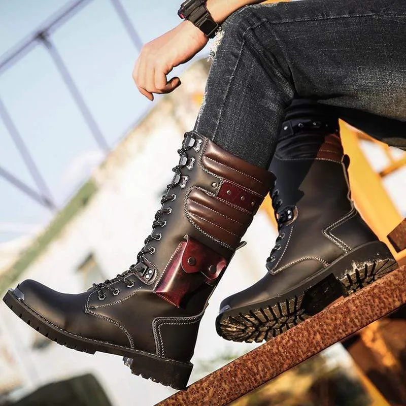 Herren Punk Pocket Schnürstiefel Kunstleder Army Boots Reitstiefel Moto Boots