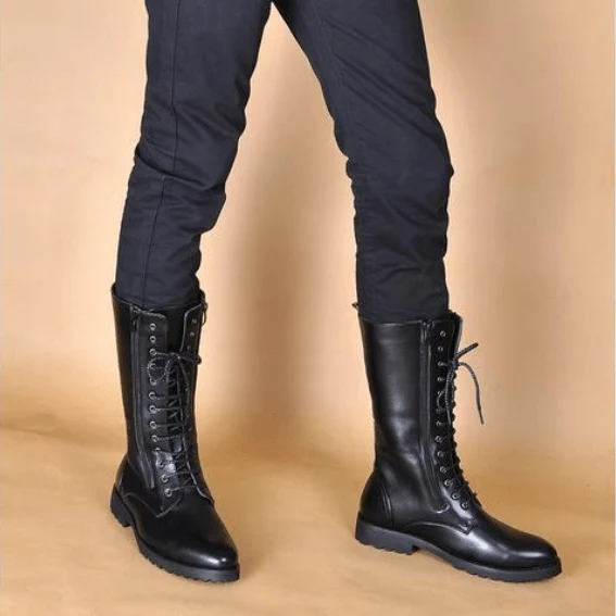 Herren Vintage Lace Up Zipper Kunstleder Armee Stiefel Martin Stiefel