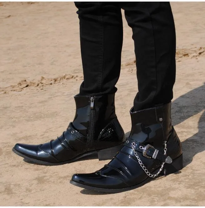 Herren Schnalle Kette Kunstleder Seitlicher Reißverschluss Schuhe Spitzstiefel