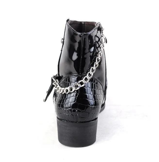 Herren Schnalle Kette Kunstleder Seitlicher Reißverschluss Schuhe Spitzstiefel