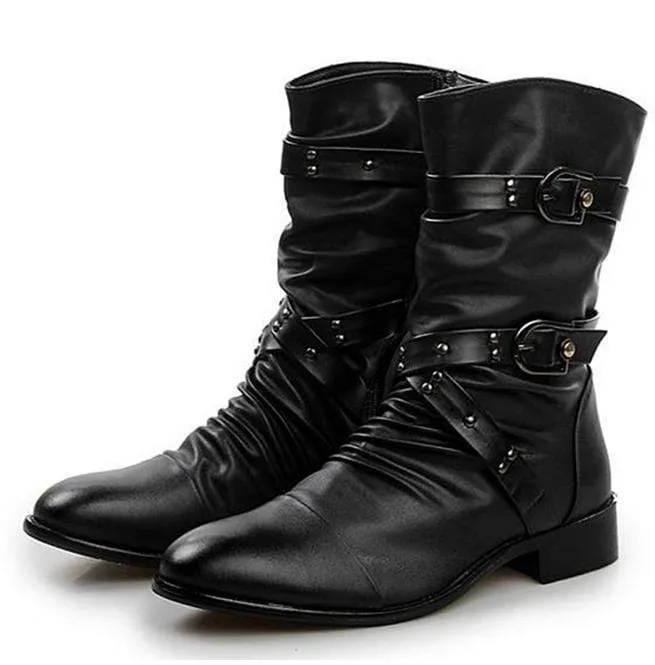 Herren Schnalle Riemen geraffte Kunstleder Biker Stiefeletten Spitzstiefel
