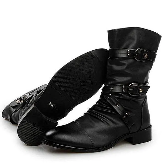 Herren Schnalle Riemen geraffte Kunstleder Biker Stiefeletten Spitzstiefel