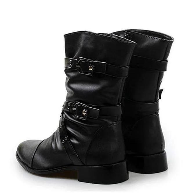 Herren Schnalle Riemen geraffte Kunstleder Biker Stiefeletten Spitzstiefel