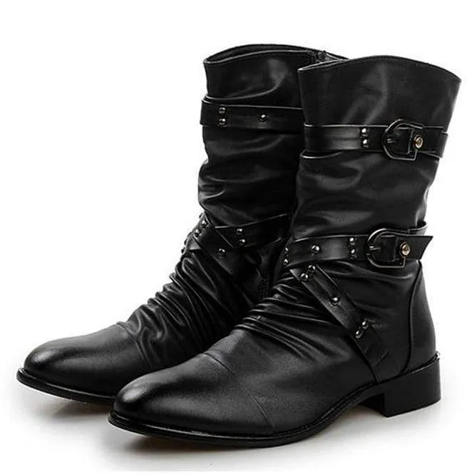 Herren Schnalle Riemen geraffte Kunstleder Biker Stiefeletten Spitzstiefel