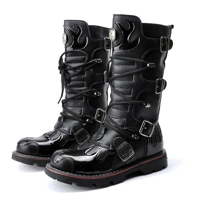 Herren Steampunk Fire Totem Schwarz Hohe Stiefel Motorradstiefel