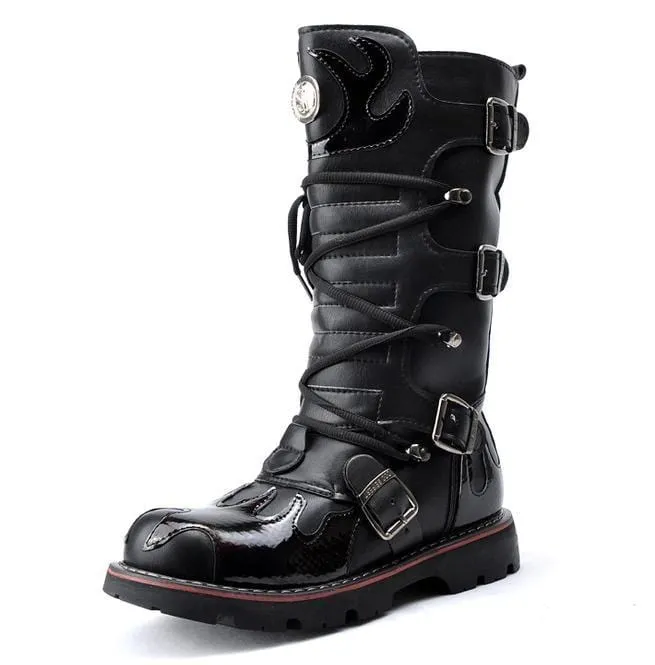 Herren Steampunk Fire Totem Schwarz Hohe Stiefel Motorradstiefel