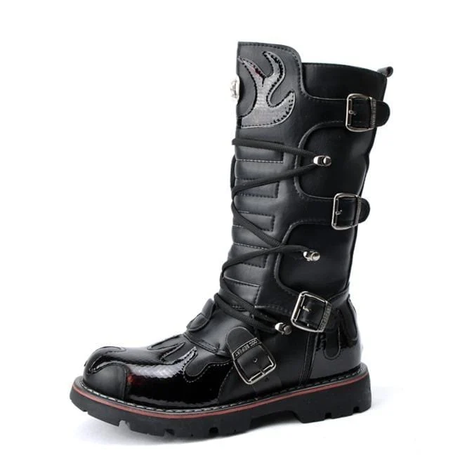 Herren Steampunk Fire Totem Schwarz Hohe Stiefel Motorradstiefel