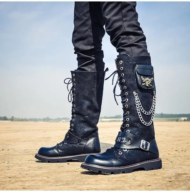 Herren Steampunk 16 Löcher Metall Niet Hohe Stiefel Engineer Motorradstiefel