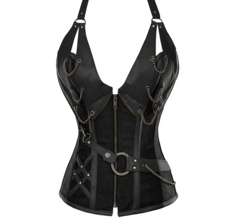 Steampunk-Kunstleder-Metallketten-Vollbrustkorsetts für Damen