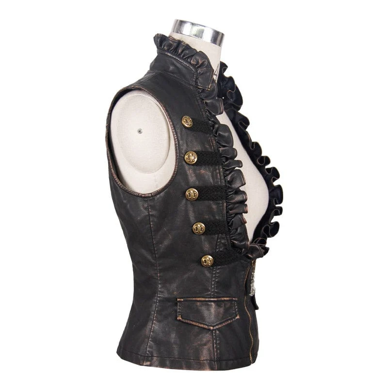 Damen Punk Kunstleder Weste mit Leder Rüschen