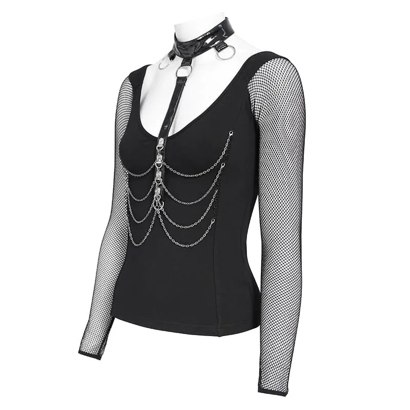 Frauen Steampunk Mesh Kunstleder Tops