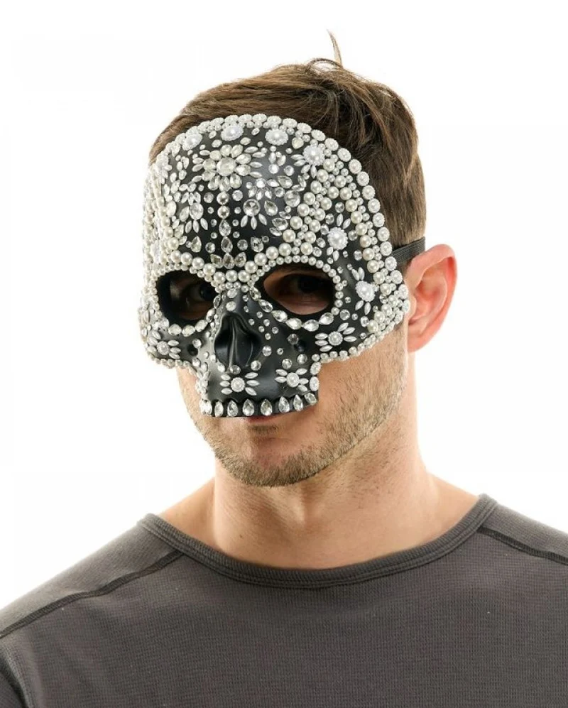 Totenkopf Halbmaske mit Glitzersteinchen