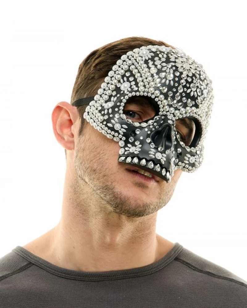 Totenkopf Halbmaske mit Glitzersteinchen