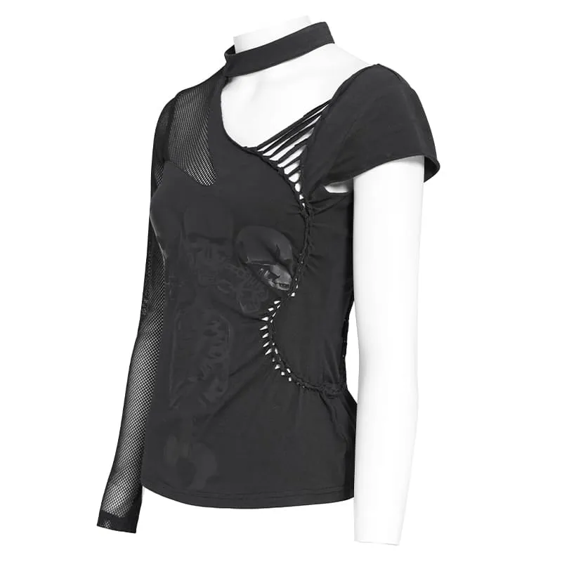 Frauen Goth Asymmetric T-Shirt mit Skeleton Design