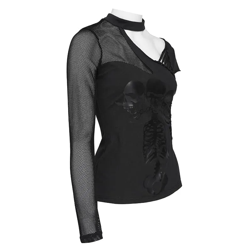 Frauen Goth Asymmetric T-Shirt mit Skeleton Design