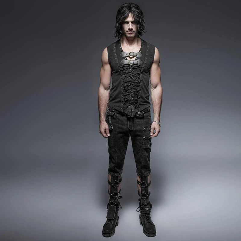 Herren Retro Lace Up Tank Top mit Schnallen schwarz