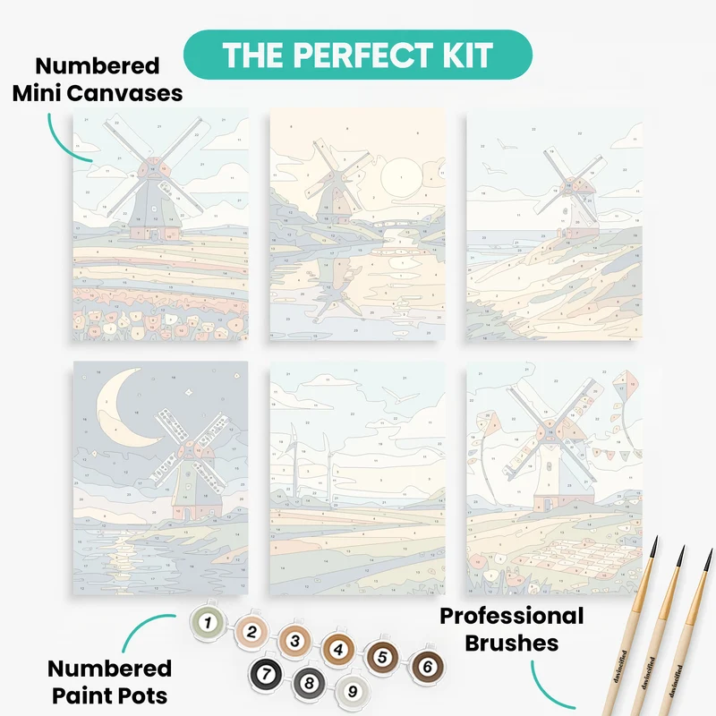 Dutch Windmill Scenes - Mini Paint by Numbers Set