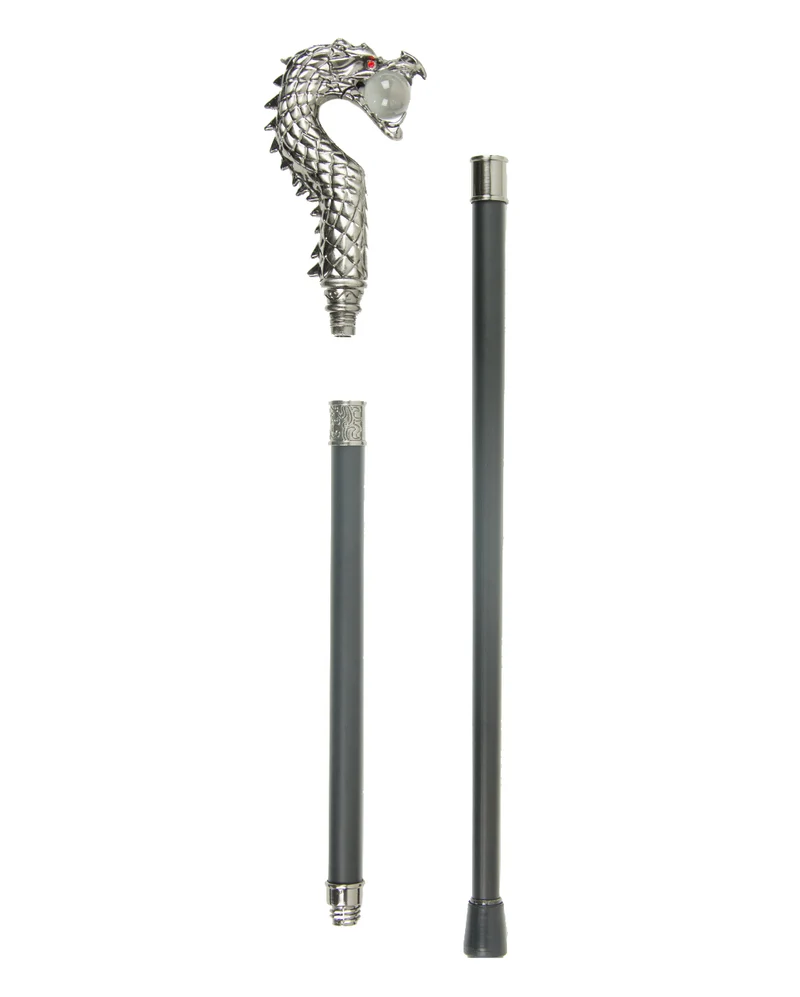 Gehstock silberner Drache mit roten Augen