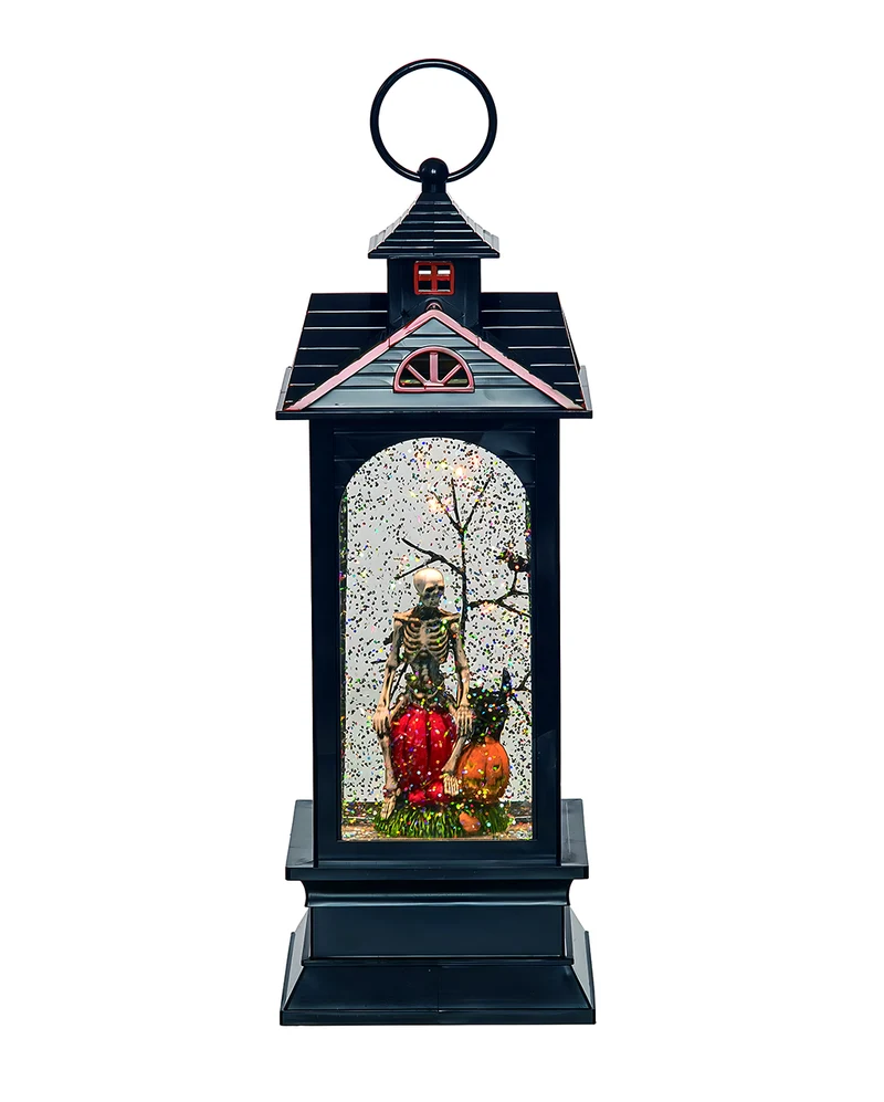 Gespensterhaus Wasserkugel Laterne mit Skelett & LED 28 cm