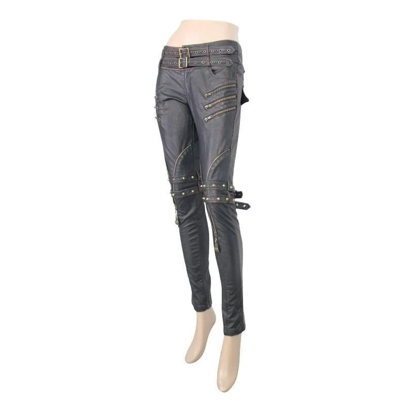 Frauen Kunstleder Goth Skinny Pants mit drei Reißverschlusstaschen
