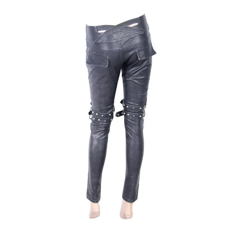 Frauen Kunstleder Goth Skinny Pants mit drei Reißverschlusstaschen