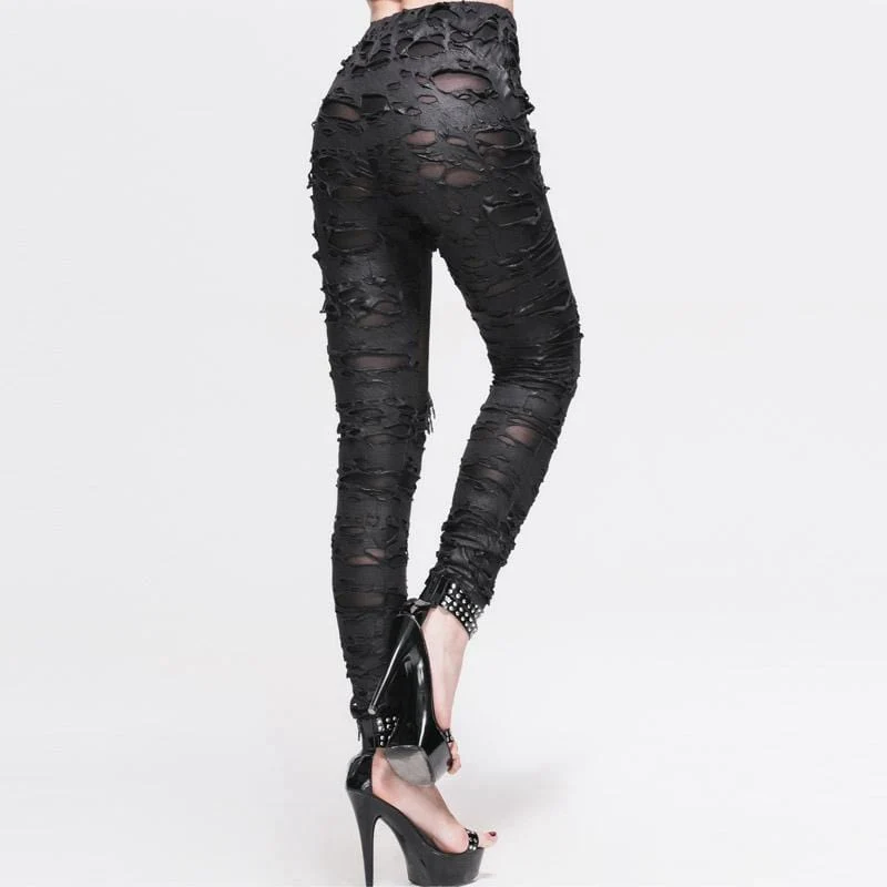 Frauen Distressed Kunstleder und Mesh Goth Leggings mit Skelett Hand