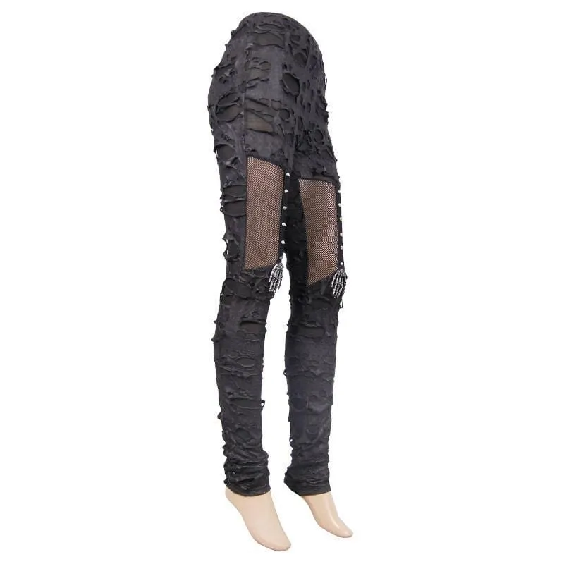 Frauen Distressed Kunstleder und Mesh Goth Leggings mit Skelett Hand