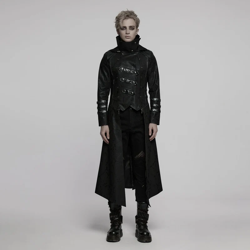 Herren Gothic Schwarz Stretch Twill Fabric Chef Kunstleder Mantel