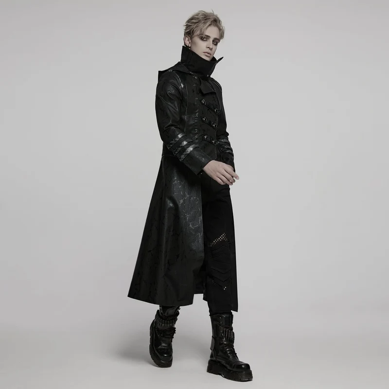 Herren Gothic Schwarz Stretch Twill Fabric Chef Kunstleder Mantel