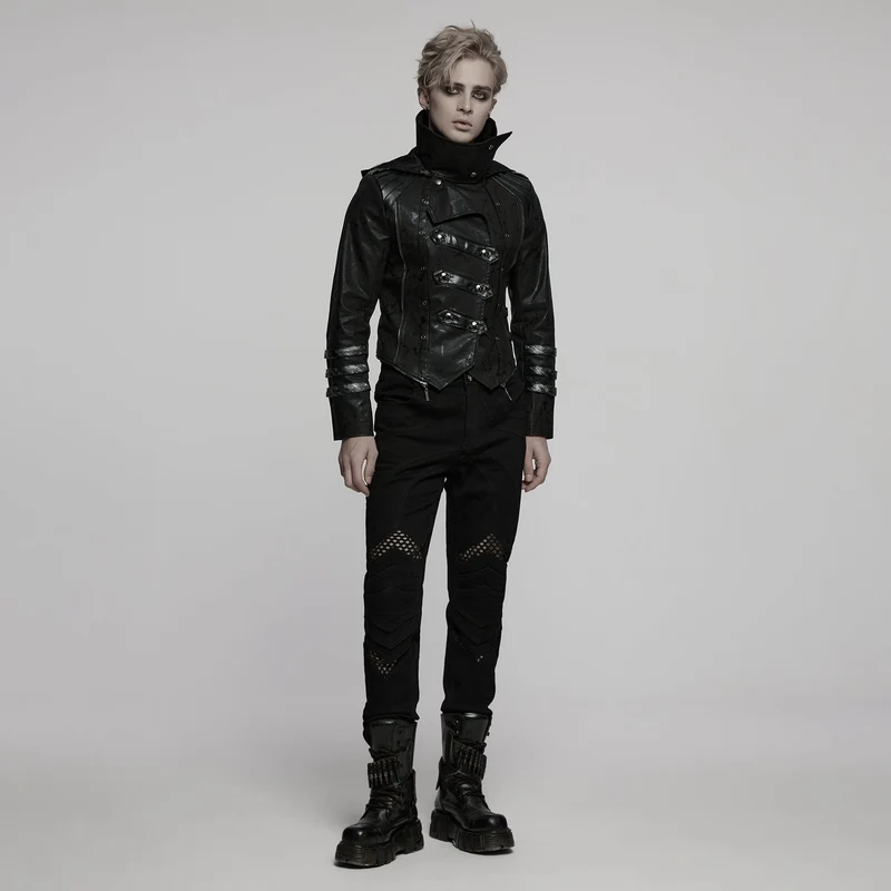 Herren Gothic Schwarz Stretch Twill Fabric Chef Kunstleder Mantel
