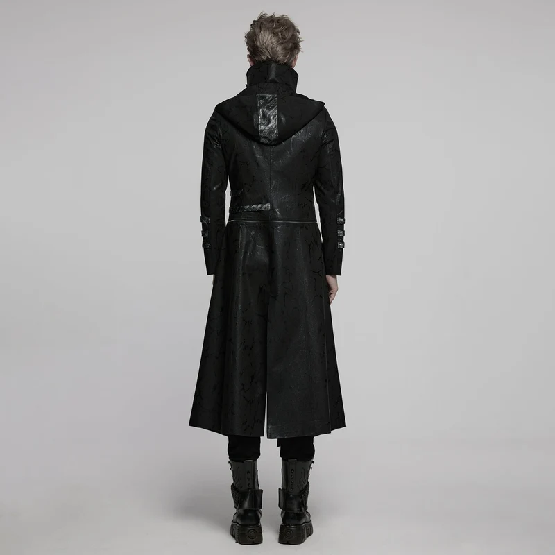 Herren Gothic Schwarz Stretch Twill Fabric Chef Kunstleder Mantel