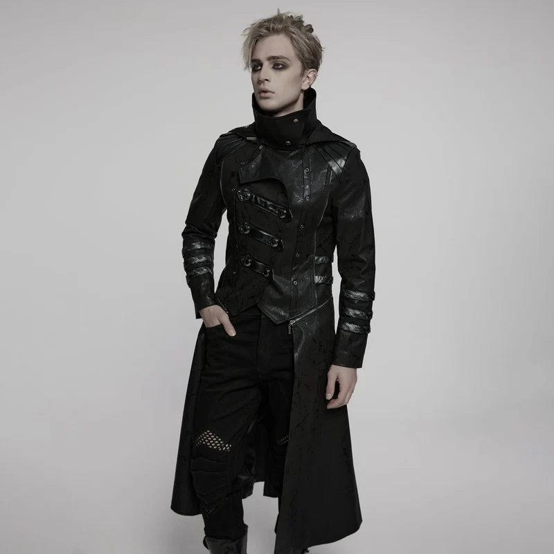 Herren Gothic Schwarz Stretch Twill Fabric Chef Kunstleder Mantel