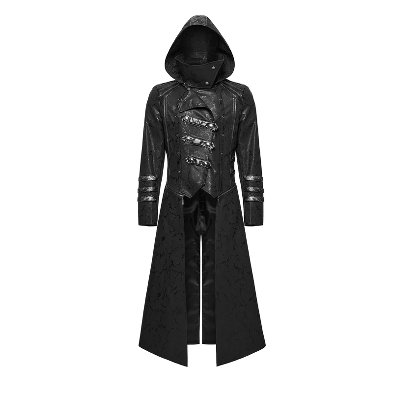 Herren Gothic Schwarz Stretch Twill Fabric Chef Kunstleder Mantel