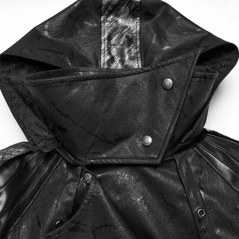 Herren Gothic Schwarz Stretch Twill Fabric Chef Kunstleder Mantel