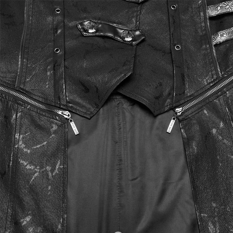 Herren Gothic Schwarz Stretch Twill Fabric Chef Kunstleder Mantel