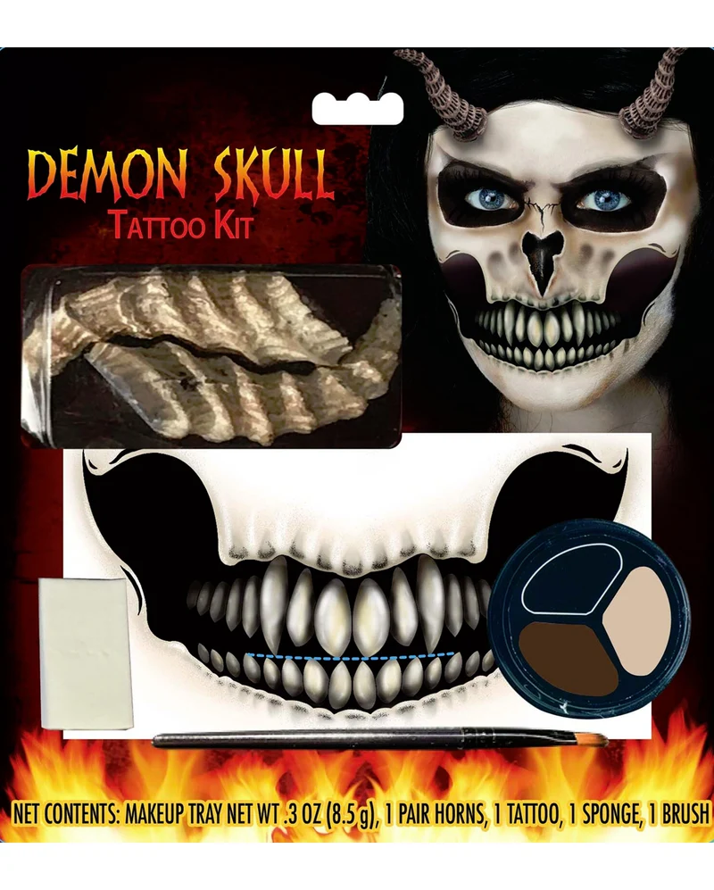 Dämonenschädel Tattoo Set mit Hörnern