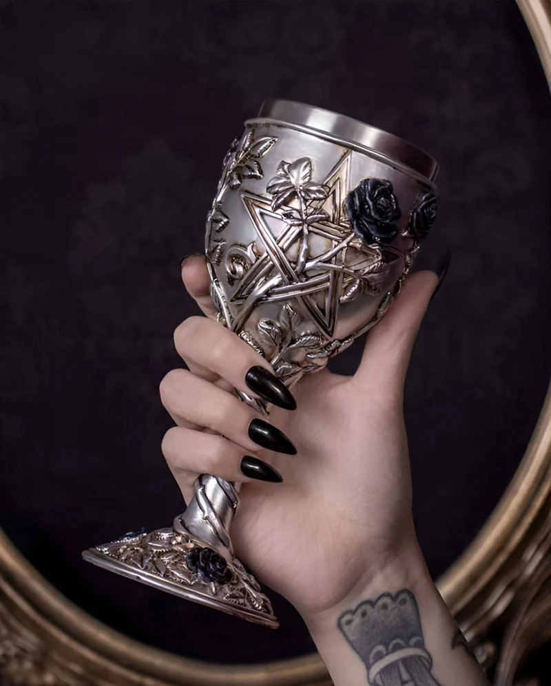 Gothic Kelch mit Pentagramm & Schwarzer Rose 19cm