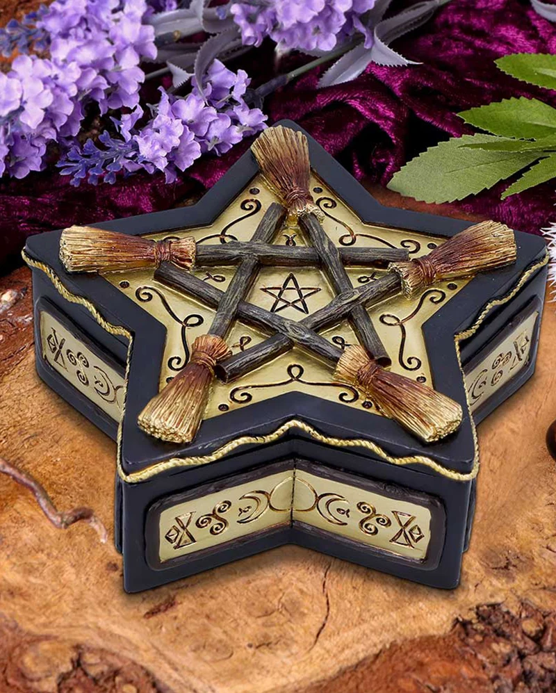 Schmuckschatulle mit Pentagramm & Hexenbesen 16cm