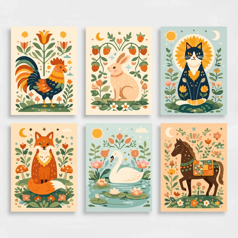 Folk Art Animals - Mini Paint by Numbers Set